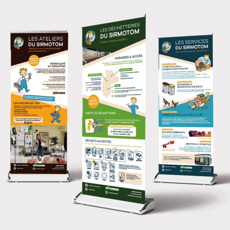 Bandes de roulage présentant des ateliers et services, avec graphiques et textes colorés.