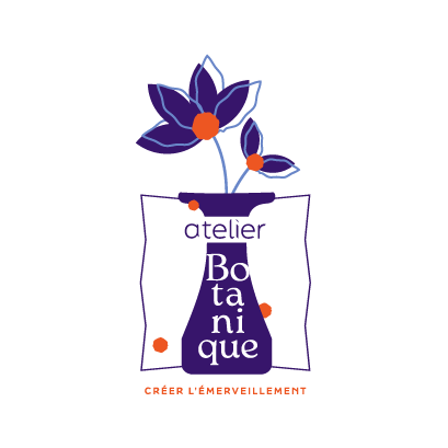 Logo d'un atelier botanique avec un vase, une fleur et des cercles colorés.