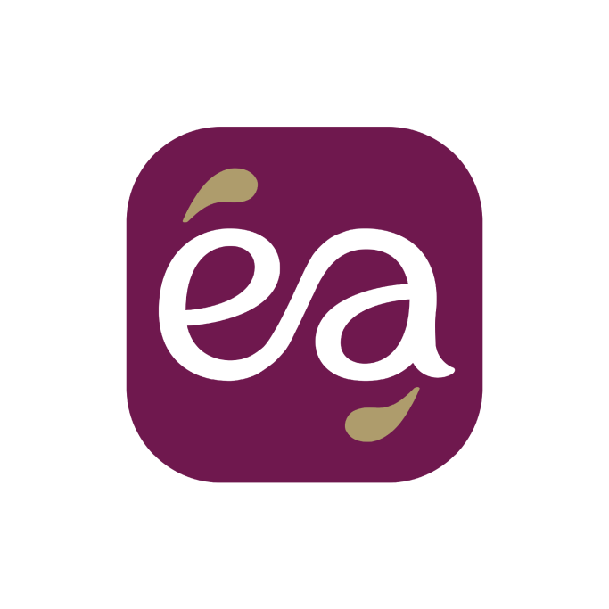 Logo de l'application avec un fond violet et les lettres "ea" stylisées en blanc.