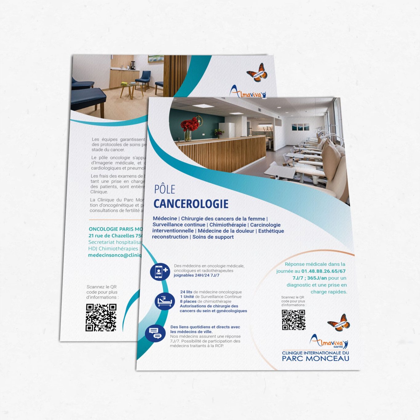 Almaviva santé - pôle oncologie Brochure sur le pôle cancérologie avec informations et QR codes.