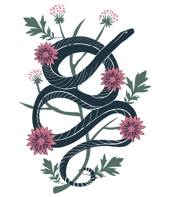 Serpent-fleurs Serpent noir enroulé autour de tiges de fleurs roses et vertes.