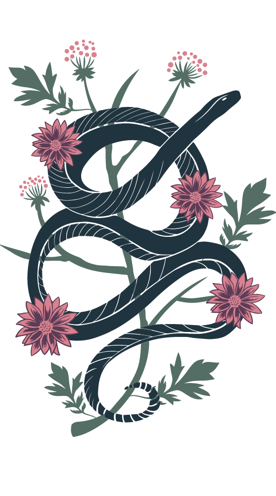Serpent-fleurs Serpent noir enroulé autour de plantes avec des fleurs roses et vertes.