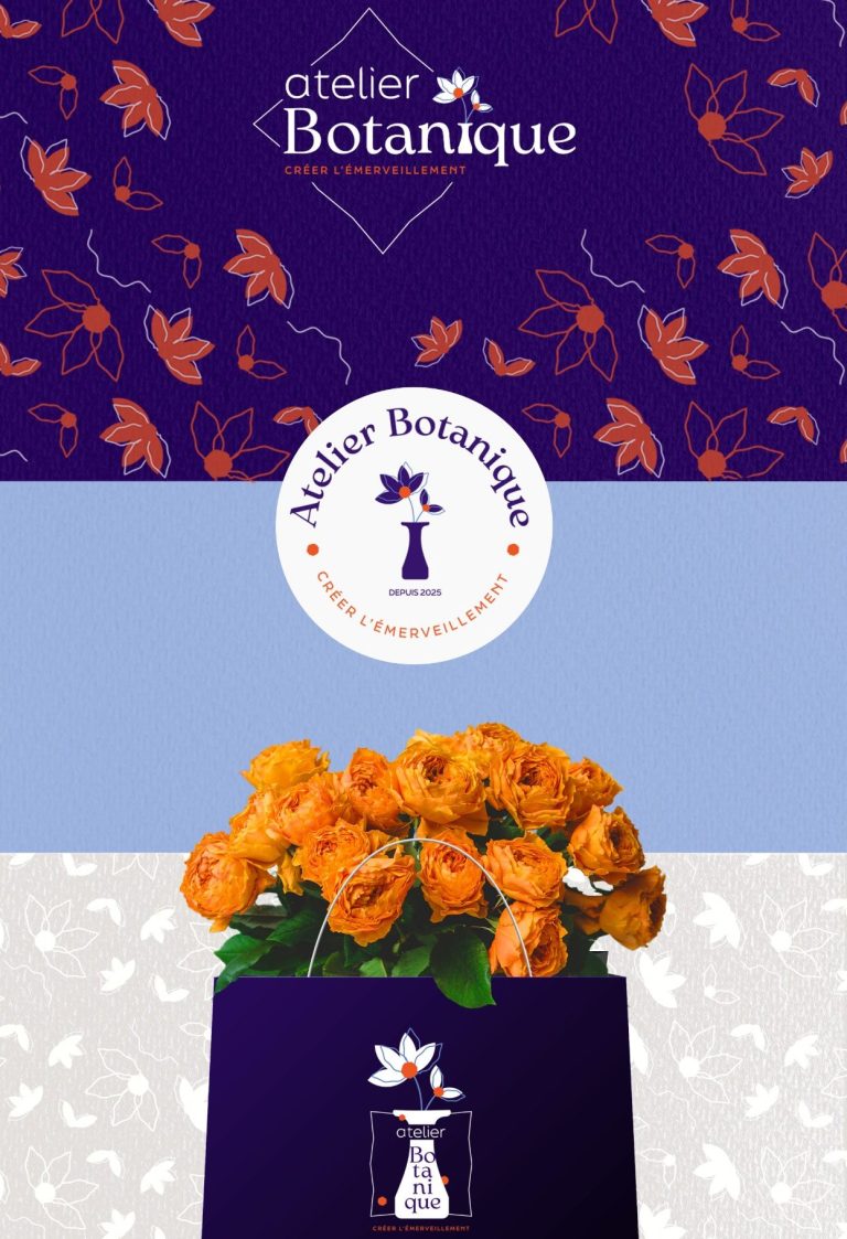 Brandboard Atelier Botanique Vase noir avec des fleurs orange sur fond coloré d’un jardin botanique.