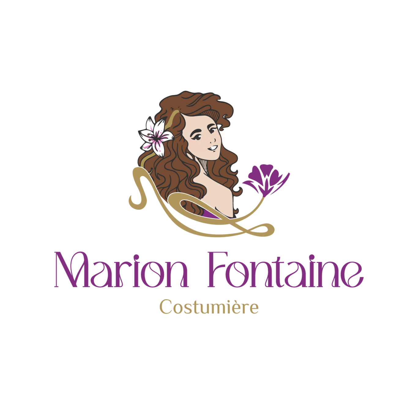 Marion Fontaine - Costumière Logo de Marion Fontaine, costumière, avec une illustration élégante et des fleurs.