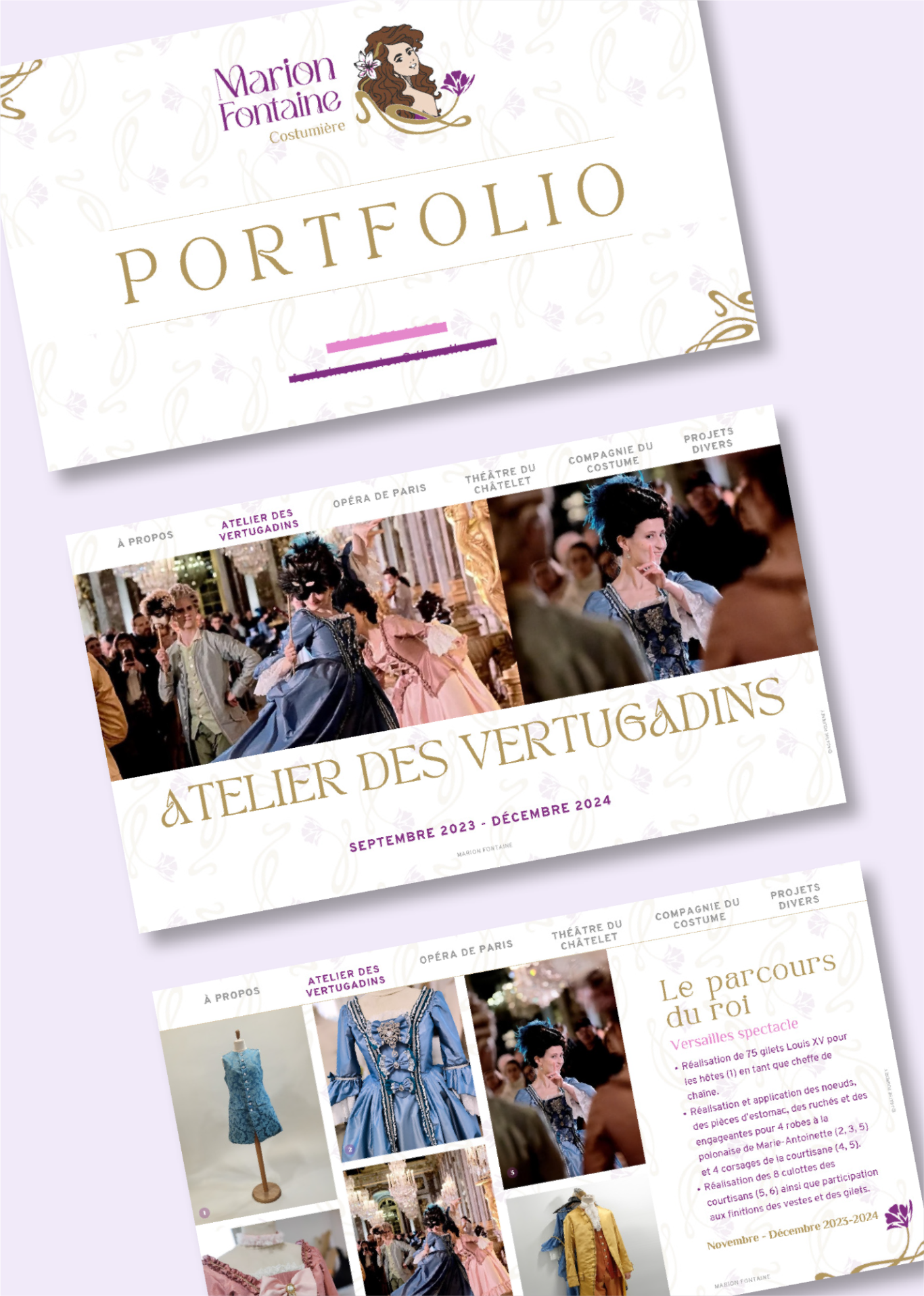 Portfolio Marion Fontaine - Costumière Portfolio présentant des créations de mode et des ateliers de vêtements.